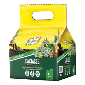 Sacco giallo di terriccio per cactus (5L) Vigor Plant con illustrazione di cactus e succulente.