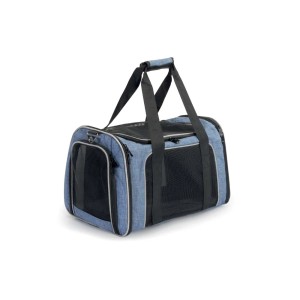 Trasportino per cani blu con finestre a rete e maniglie per il trasporto di cani.