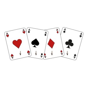 Quattro ganci adesivi t.b.t. a forma di carte da gioco (cuori, picche, quadri, fiori).