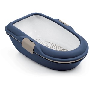 Toilette per gatti blu con inserto a setaccio. Pulizia pratica di t.b.t.