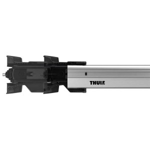 Accessorio portapacchi Thule, barra portante argentata con supporto nero.