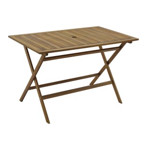 Tavolo da giardino rettangolare color legno con motivo a listelli e gambe pieghevoli.