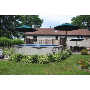 Piscina fuori terra t.b.t. in giardino con bordo piscina e ombrelloni.