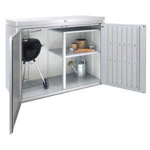 Biohort High Board con ripiano, barbecue e accessori da giardino. Soluzione per l'organizzazione del giardino.