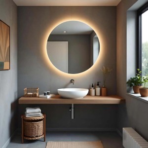Specchio da parete rotondo con illuminazione a LED in bagno moderno.