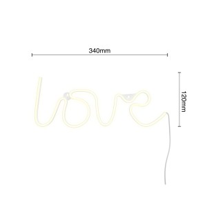 Applique LED bianca a forma della parola "Love" con dimensioni.