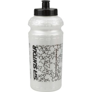 Borraccia bianca con tappo nero e stampa per accessori trasporto bici.