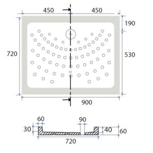 Disegno tecnico del piatto doccia t.b.t. con dimensioni.