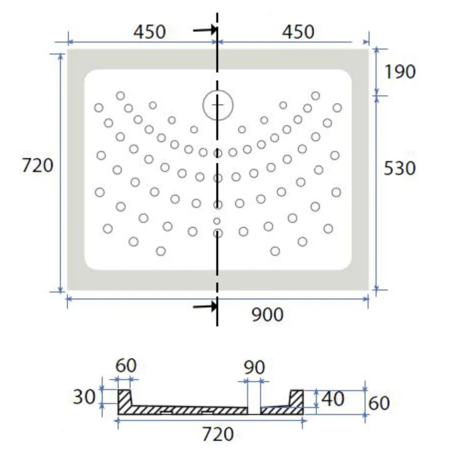 Disegno tecnico del piatto doccia t.b.t. con dimensioni.