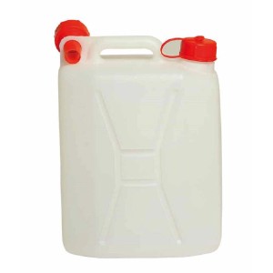 Tanica d'acqua bianca con tappo rosso per attrezzatura da campeggio.