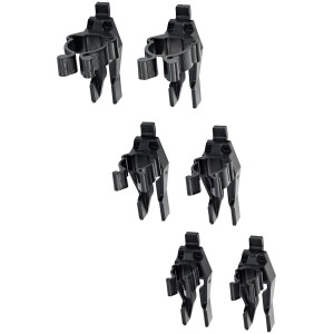 Set di morsetti a molla LUX per pannello forato: 6 supporti neri per manici di utensili in varie dimensioni.