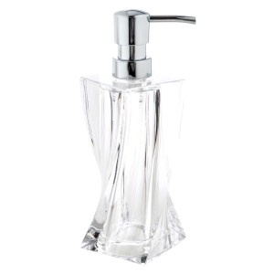 Dispenser sapone trasparente con pompa cromata, design moderno.