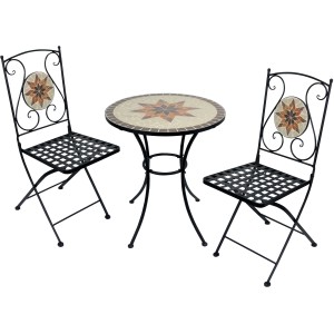 Set da balcone Honobia 3 pezzi con motivo a mosaico, composto da tavolo e due sedie pieghevoli.