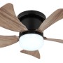 Ventilatore da soffitto compatto con pale effetto legno e illuminazione LED integrata.