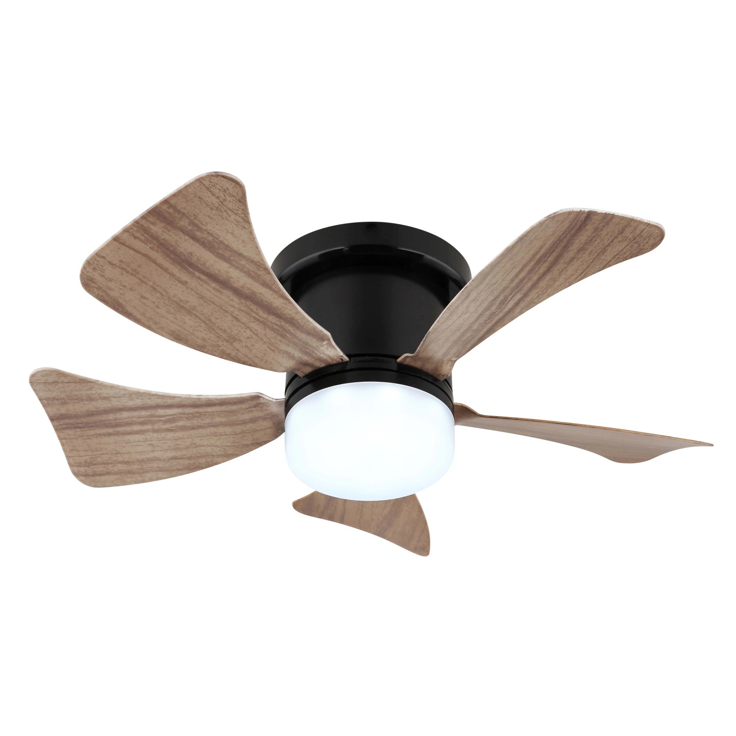 Ventilatore da soffitto compatto con pale effetto legno e illuminazione LED integrata.