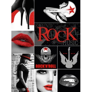 Moderna bacheca t.b.t. con motivi fashion e rock'n'roll in rosso, nero e bianco.