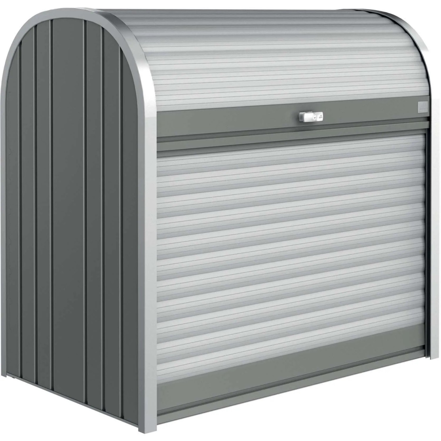 Box universale Biohort StoreMax 120 grigio quarzo metallizzato con serranda e serratura a cilindro.