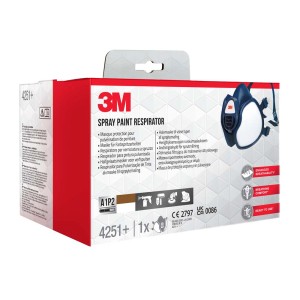 Maschera 3M 4251+ A1P2, respiratore blu scuro per verniciatura a spruzzo, nella scatola.