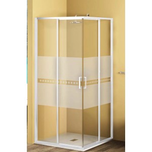 Box doccia angolare t.b.t. con telaio bianco e vetro parzialmente satinato.