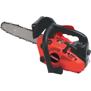 Motosega t.b.t. rossa con manico nero e catena argentata.