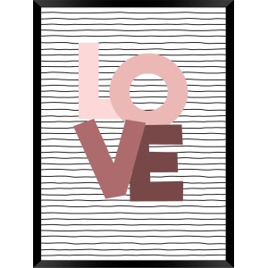 Quadro "LOVE" con lettere rosa su sfondo a righe, incorniciato.