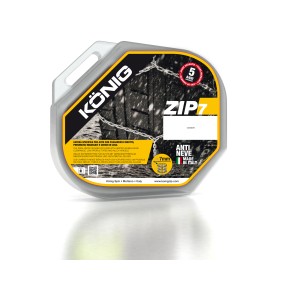 Catene da neve König Zip 7 in contenitore di plastica trasparente.