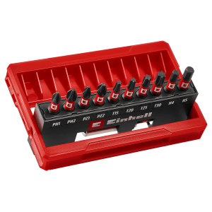 Set di inserti Einhell Impact, 11 pezzi tascabile, vari inserti per cacciavite in scatola rossa.