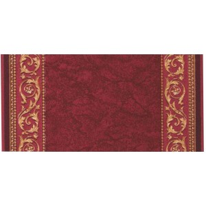 Passatoia al metro rossa con motivo ornamentale dorato.