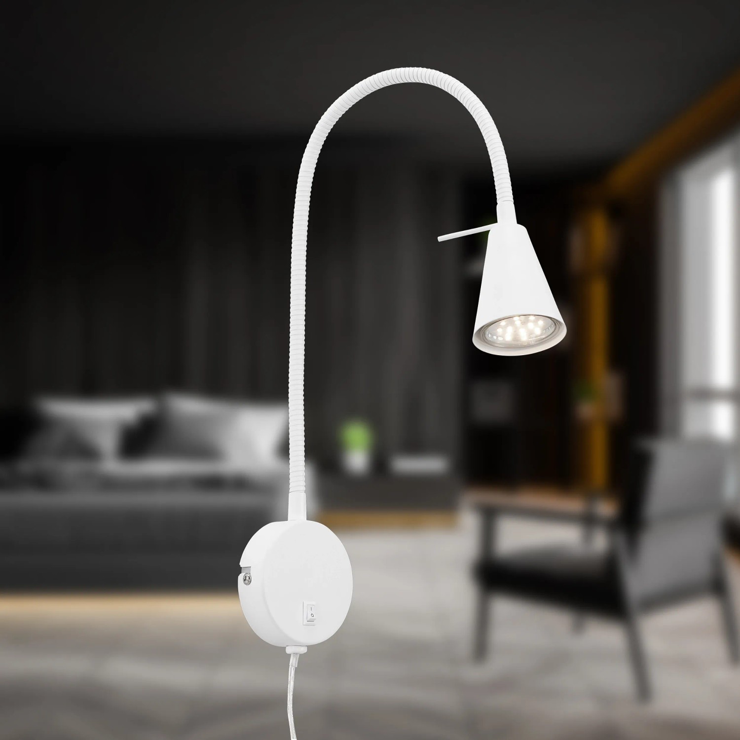 Lampada da comodino a LED Briloner Tusa bianca con braccio flessibile orientabile.