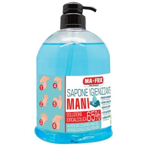 Sapone mani igienizzante con dispenser, liquido blu, per pulizia e disinfezione.