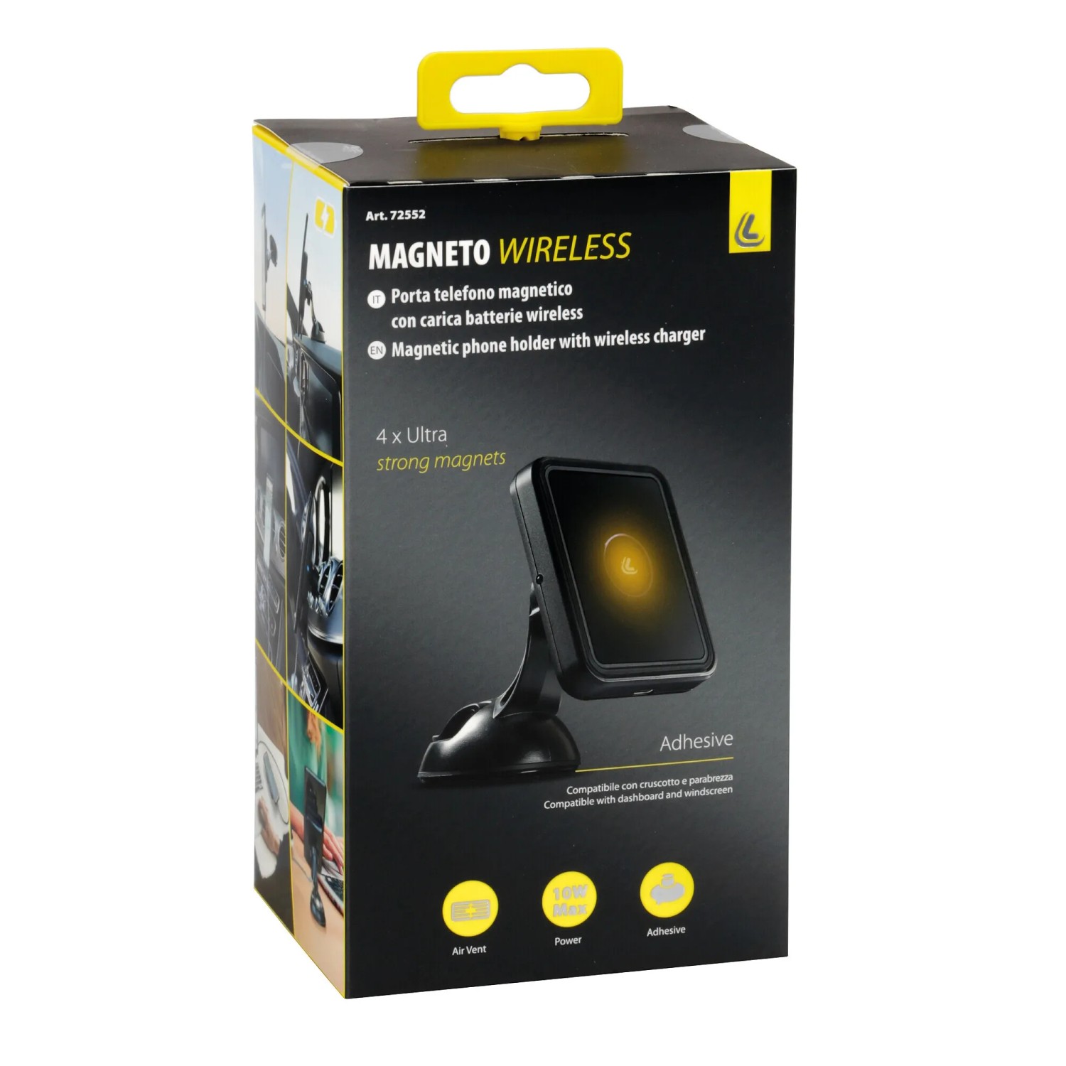 Supporto magnetico per telefono Magneto Wireless con caricabatterie wireless nella confezione originale.