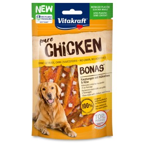 Vitakraft Pure Bonas bastoncini masticabili con pollo e formaggio, confezione da 80g per cani.