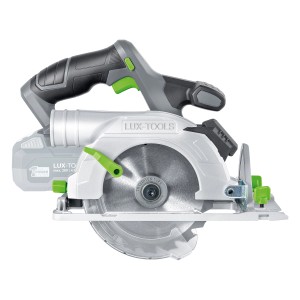 Sega circolare a mano a batteria LUX-TOOLS A-KS-20/150 1 PowerSystem, sega circolare a batteria grigia/bianca con dettagli verdi.