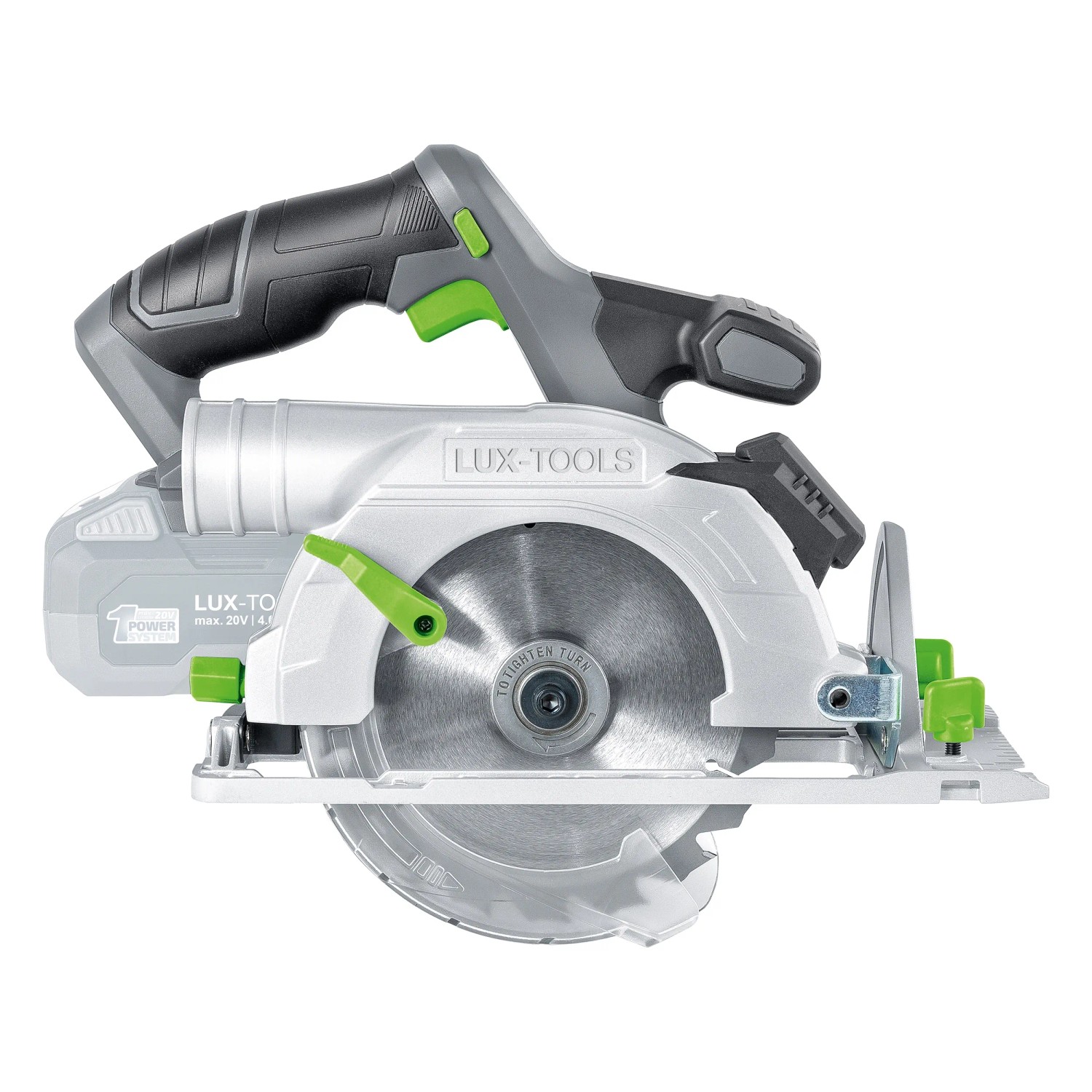 Sega circolare a mano a batteria LUX-TOOLS A-KS-20/150 1 PowerSystem, sega circolare a batteria grigia/bianca con dettagli verdi.