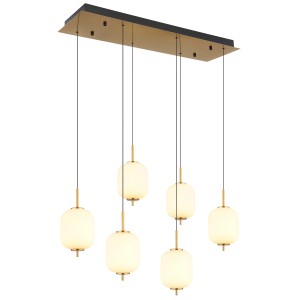 Lampada a sospensione moderna con sei globi in vetro bianco opale e dettagli dorati.