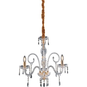 Elegante lampada a sospensione t.b.t. con vetro cristallo e tre bracci luminosi.