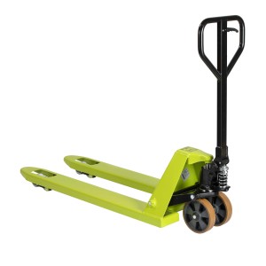 Transpallet verde con manico nero per officina e magazzino.