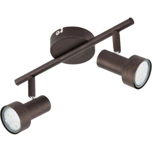 Faretto LED marrone t.b.t. con due luci per montaggio a soffitto.