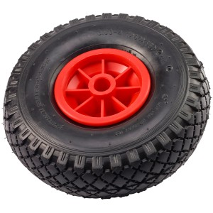 Ruota pneumatica Ø 260 mm con cerchio rosso, mozzo 75 mm, per rulli e ruote.