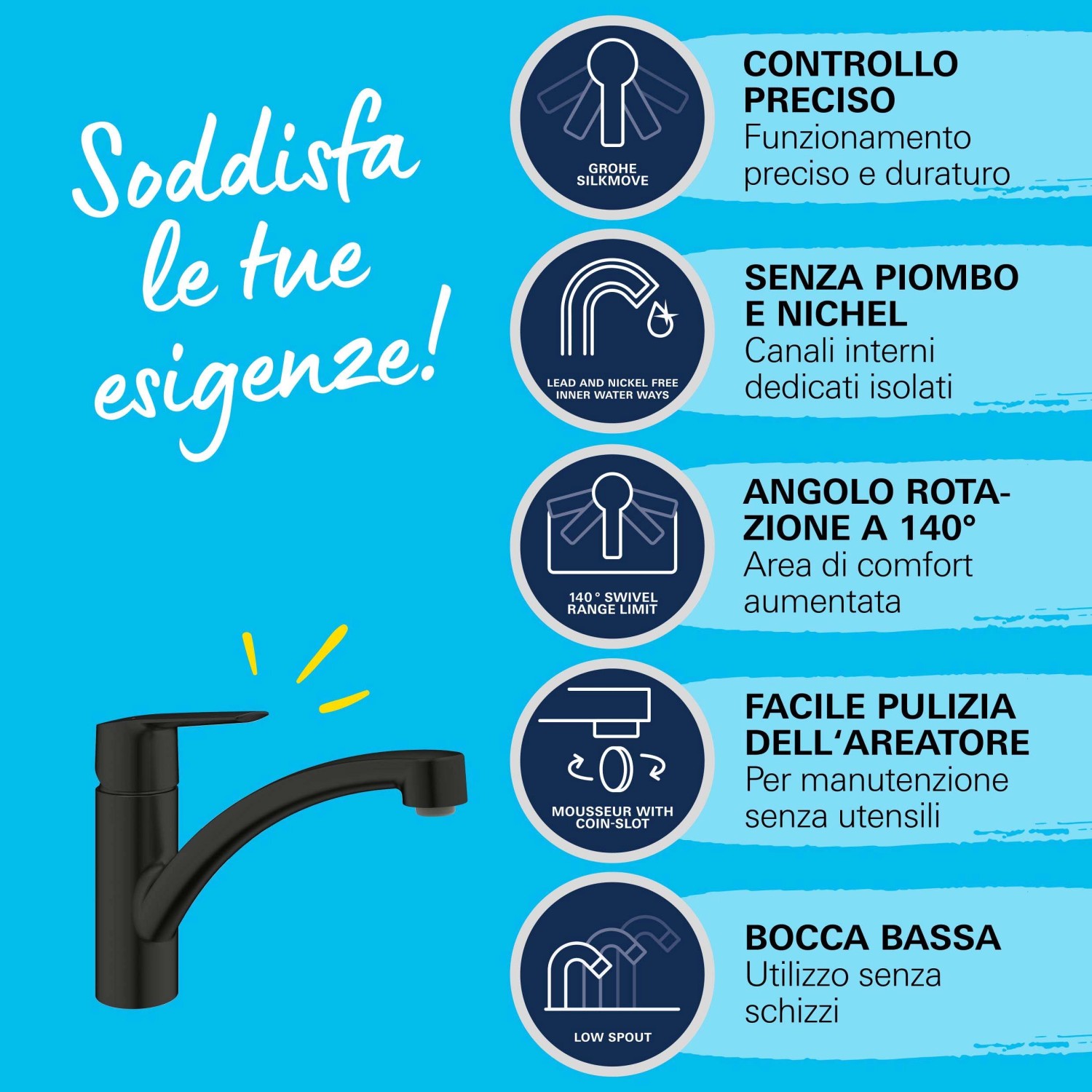 Miscelatore monocomando Grohe QuickFix Start nero, con bocca bassa e rotazione a 140°.