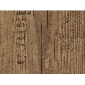 Pavimento in laminato Comfort Toscana Flair con struttura in legno vecchio, listoni in legno marrone con scritte.
