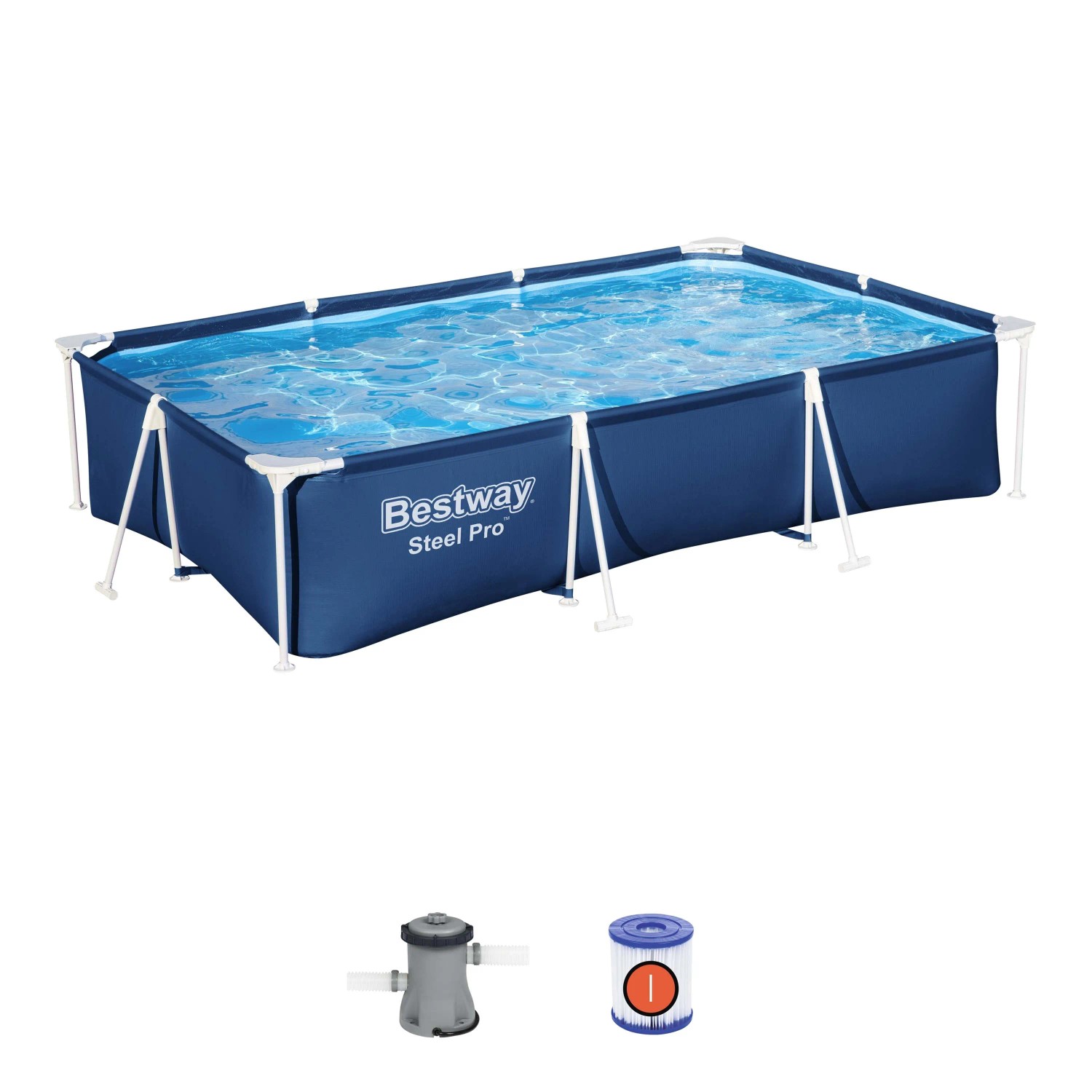 Piscina rettangolare fuori terra con struttura in acciaio, blu, inclusa pompa filtro e cartuccia filtro.