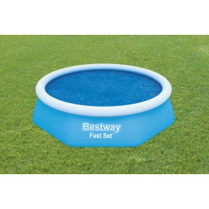 Copertura solare blu Bestway, 210 cm, rotonda, su una piscina. Materiale PE per riscaldare l'acqua.