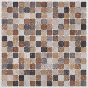 Piastrelle a mosaico nei toni del marrone, beige e grigio per la decorazione delle pareti.