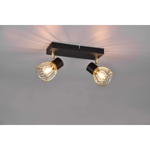 Faretto da soffitto nero t.b.t. con due paralumi dorati. Design moderno per interni.
