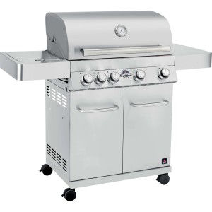 Barbecue a gas t.b.t. in acciaio inox con ripiani e mobile base.