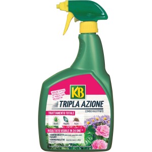 KB Fungicida per piante Tripla Azione contro parassiti e malattie in flacone spray.