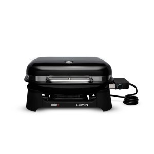 Barbecue elettrico nero t.b.t. di Weber Lumin, ideale per balconi e terrazze.