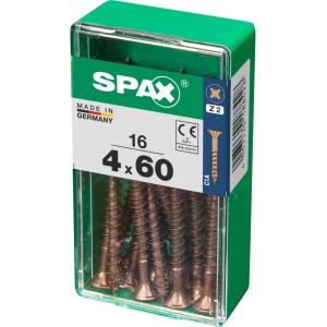 Viti per legno SPAX 4x60 mm, 16 pezzi in contenitore di plastica verde.