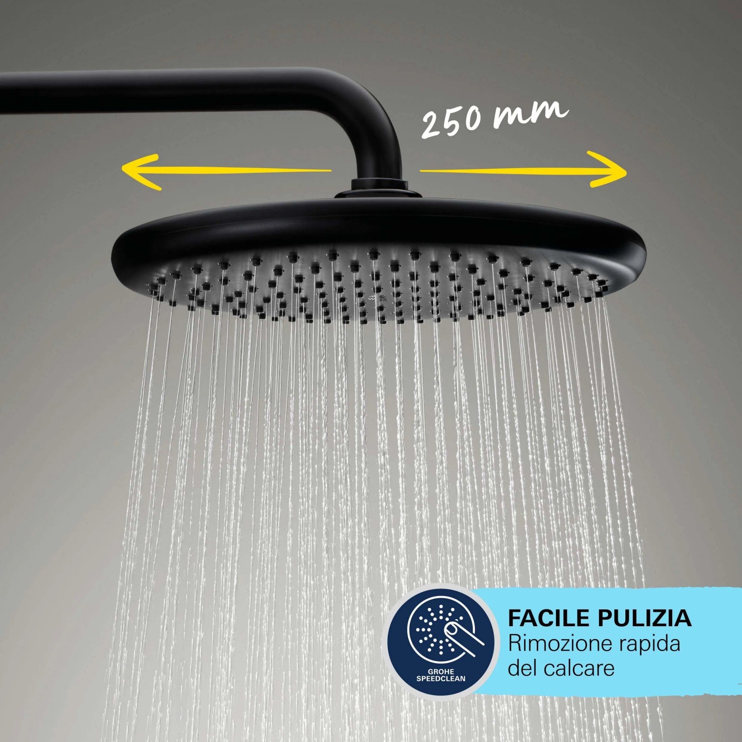 Sistema doccia Vitalio Start 250 Flex, soffione nero con getto d'acqua e sistema anticalcare.
